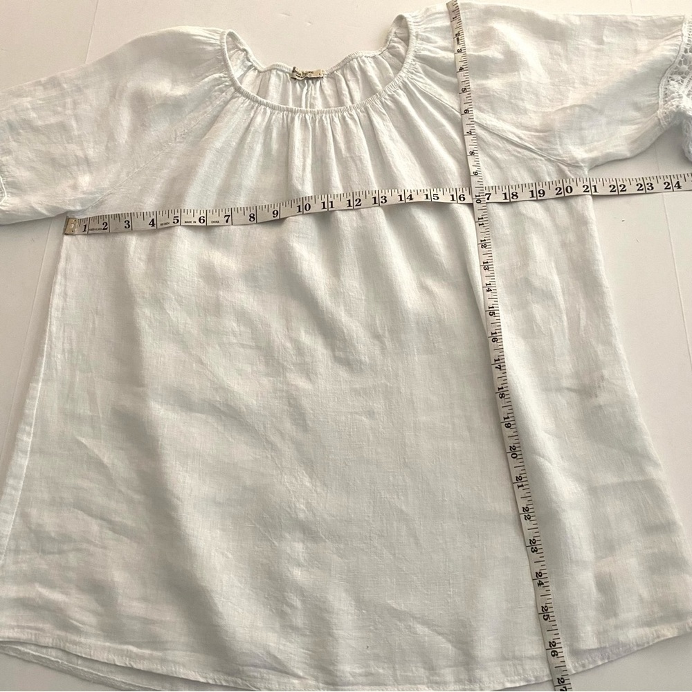White Linen Blouse Top Sz Large Crochet Peasant Bell Sleeve Prairie Summer - Picture 12 of 13